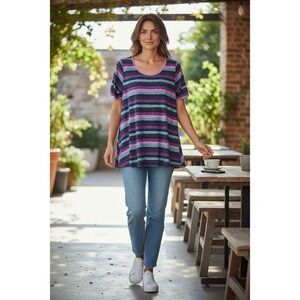 LuLaRoe Plus Size‎ L Classic Tee Purple -Pink W/Black Stripes Short Sleeves NEW